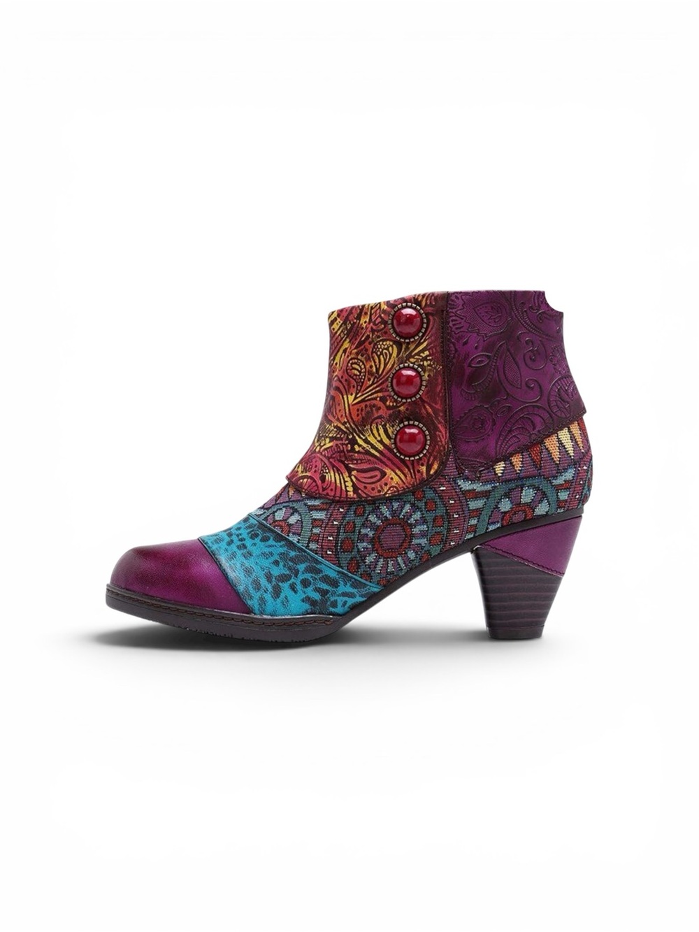Socofy bohemian ankle booties patchwork embossed leather hippie multicolor sz 40